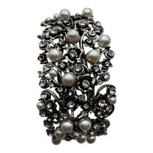 Vintage Silver Tone‎ Hinged Cuff Bracelet w/ Faux Pearls & Rhinestones